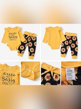 SHEIN Yellow Sunflower Ruffle Sleeve Bodysuit & Pants Set